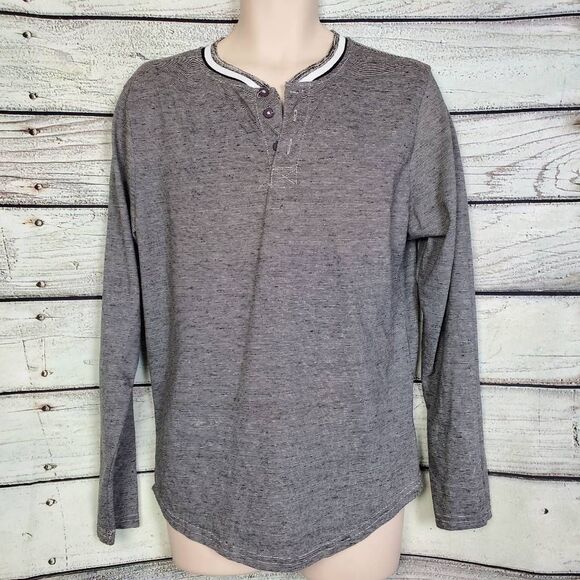 Alpha Beta Men’s L Gray Long Sleeve Henley Casual Striped Shirt - Picture 1 of 6